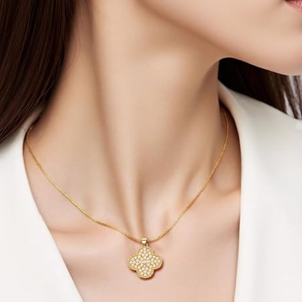 Four Leaf Clover Necklace 18K Gold Plated Cubic Zirconia NWB